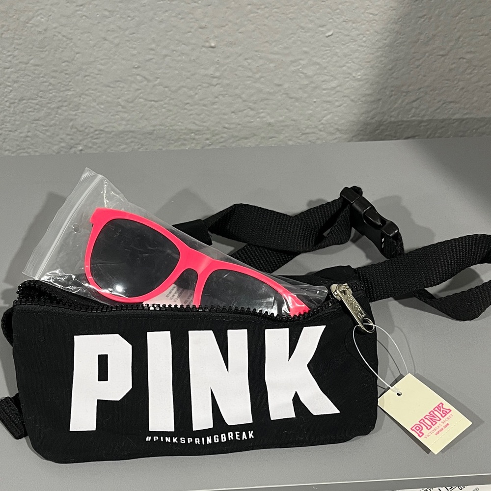Black Fanny Pack with hot pink Sunglasses
